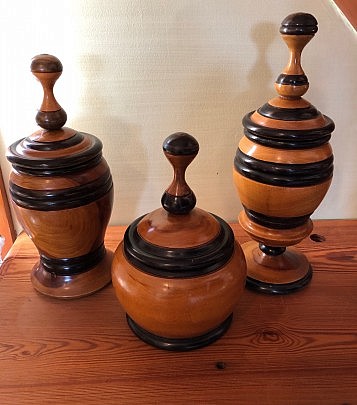 Group of Three Treen-ware Covered Vessels with Painted Bands