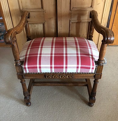 Walnut Backless Bench with Curved Arms, upholstered in red and white plaid fabric