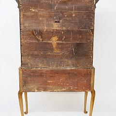 Boston Cherry Highboy, Pair of Brass Bullet Top Andirons and a Nantucket Half-Bushel Double Handle Harvest Basket