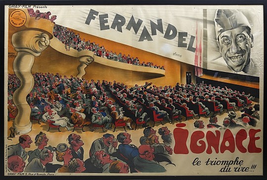 1937 French Advertising Billboard Poster “Fernandel dans Ignace le Triomphe du Rire,” published by Gray – Film 5 Rue d’Aumale, Paris, Imp Bedos C. 14 Av. Felix Faure – Paris. In two sheets with full margins.