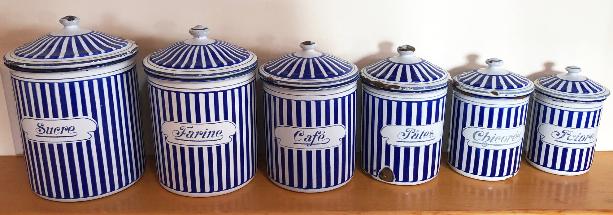 Canister Set of 6 Vintage French Blue and White Enamel Canister Set