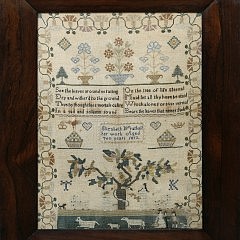 Youth Cupboard, Rush Seat High Chair and Elizabeth Wrathall Needlework Sampler