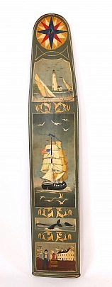 Hand Painted Nautical Board Depicting Clipper Ship, Sailboat, Lighthouse, Whales and Homestead