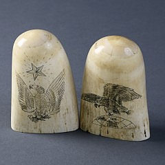 Pair of Whaleman Scrimshawed and Polychrome Whale Teeth and Two Carved Whalebone Implements