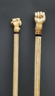 Whaler Carved Whale Ivory Fist and Serpent Walking Stick and Whale Ivory and Whalebone Carved Fist Knob Walking Stick