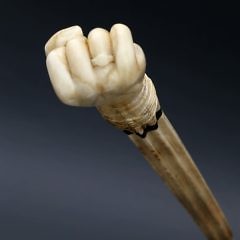 Whaler Carved Whale Ivory Fist and Serpent Walking Stick and Whale Ivory and Whalebone Carved Fist Knob Walking Stick