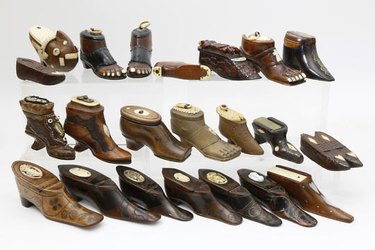 Collection of 22 Novelty Shoe-form Wooden Snuff Boxes