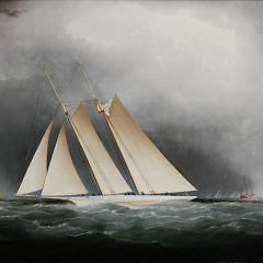Signed James E. Buttersworth Oil on Canvas “Portrait of the Yacht America, Racing off Sandy Hook, with Deck Hands Changing the Sails, August 1870”