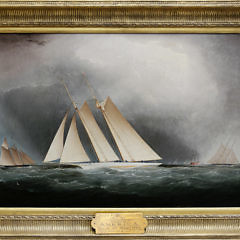 James E. Buttersworth (1817-1894) Oil on Canvas “Portrait of the Yacht America, Racing off Sandy Hook, with Deck Hands Changing the Sails, August 1870