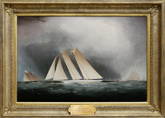 James E. Buttersworth (1817-1894) Oil on Canvas “Portrait of the Yacht America, Racing off Sandy Hook, with Deck Hands Changing the Sails, August 1870