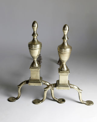 Pair of Philadelphia Urn and Acorn Finial Brass Andirons