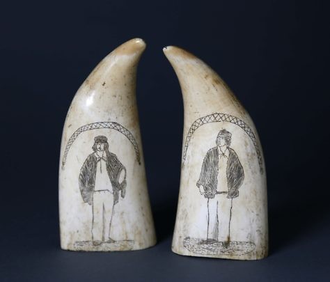 Pair of Whaleman Scrimshaw Sperm Whale Teeth