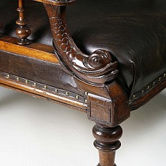 English Carved Mahogany and Leather Upholstered Library Arm Chair