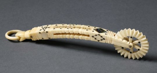 Whale Ivory, Abalone, Mother of Pearl and Silver Wire Inlaid Pie Crimper