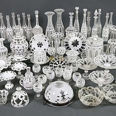 Collection of White Cut-to-Clear Colorless Glass Articles, mostly Bohemian