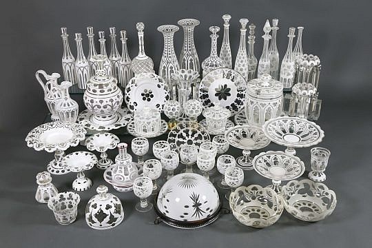 Collection of White Cut-to-Clear Colorless Glass Articles, mostly Bohemian