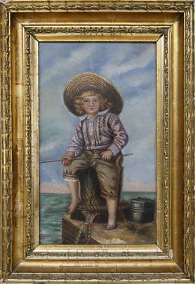 Oil on Canvas “Portrait of a Young Boy at Dock’s End with a Bait Bucket and Fishing Pole”