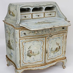 Venetian Polychrome Decorated Pale Blue Painted Bureau Bookcase