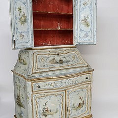 Venetian Polychrome Decorated Pale Blue Painted Bureau Bookcase