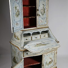 Venetian Polychrome Decorated Pale Blue Painted Bureau Bookcase