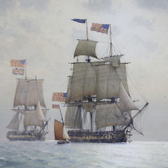 Derek George Montague Gardner Watercolor on Paper “Three American Frigates and Pilotboat on Calm Seas”