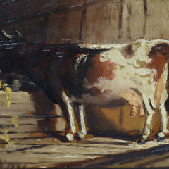 Wendell Macy Oil on Door Panel “Cow Grazing in the Barn”