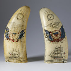 Pair of Patriotic Wax Engraver Scrimshawed Sperm Whale Teeth