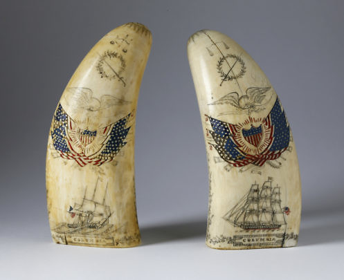 Pair of Patriotic Wax Engraver Scrimshawed Sperm Whale Teeth