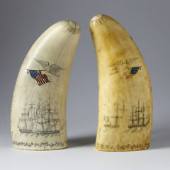 Fine Pair of Patriotic Wax Engraver Scrimshawed Sperm Whale Teeth