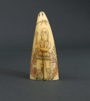 A Fine Lady Liberty Whaler Scrimshaw and Polychrome Whale Tooth