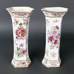 Pair of Chinese Export Armorial Coat of Arms and Floral Decorated Hexagonal Sampson Style Vases