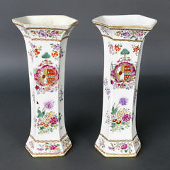 Pair of Chinese Export Armorial Coat of Arms and Floral Decorated Hexagonal Sampson Style Vases