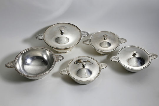 Group of Five Christofle French Silver Plate Covered Nautical Decorated Tureens