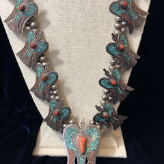 Tommy Singer Sterling Silver Turquoise and Coral Inlaid Peyote Bird Squash Blossom Necklace