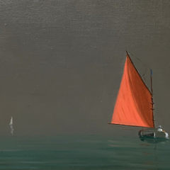 Robert Stark Jr. Oil on Canvas “Red Sail Catboat”