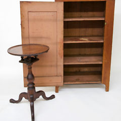 American Mahogany Birdcage Dish Tilt Top Candlestand and American Red-Stained Paneled Pine Door Low Cupboard