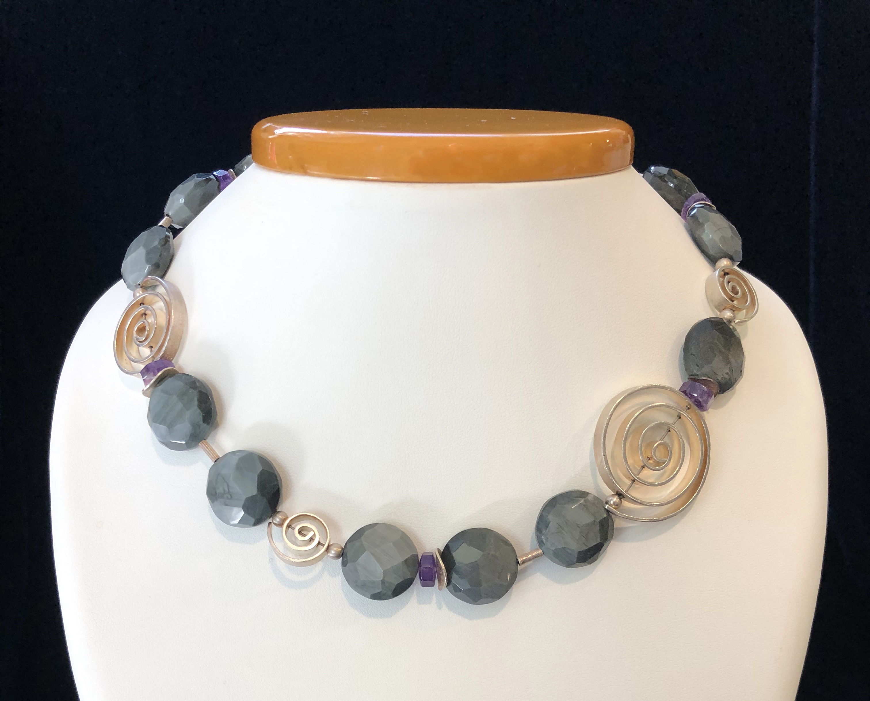 Quartz and Amethyst Necklace Quartz Cat's Eye, Amethyst and Sterling Silver Necklace Rafael