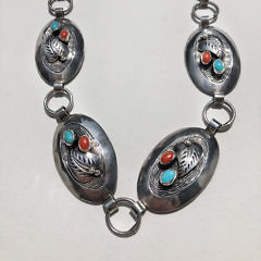 Signed Roy Vandever Lady’s Narrow Gauge Hand-wrought Turquoise, Coral and Silver Concho Belt