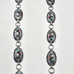 Signed Roy Vandever Lady’s Narrow Gauge Hand-wrought Turquoise, Coral and Silver Concho Belt