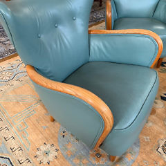 Pair Art Deco Green Leather and Button Back Club Chairs