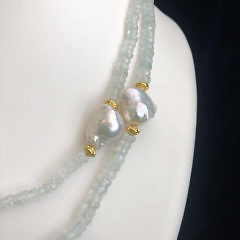 Aquamarine Bead and White Baroque Pearl Necklace