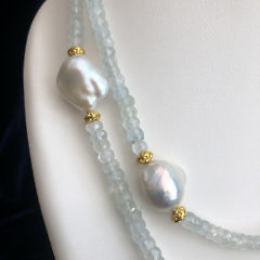 Aquamarine Bead and White Baroque Pearl Necklace