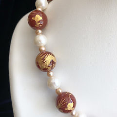 16mm Carnelian Bead and White Fresh Water Pearl Necklace