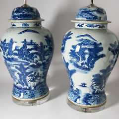 Pair of Chinese Blue and White River Landscape Decorated Temple Jar Lamps