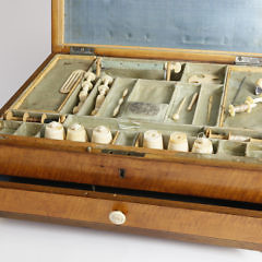 English Regency Satinwood, Mahogany and Carved Bone Lady’s Fitted Sewing Box, circa 1820