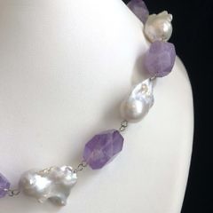 Faceted Amethyst Nugget and White Baroque Pearl Necklace