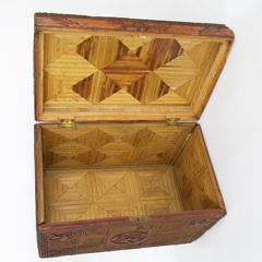 American Profusely Carved Pine and Split Bamboo Hinged Top Box, 19th century