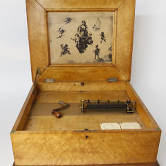 Regina Music Box in Vibrant Bird’s Eye Maple Box, circa 1889, with Twenty-Five 15 ½ inch Copper Discs