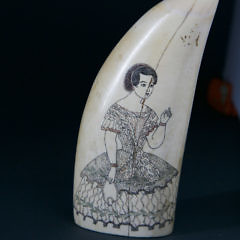 Whaleman Scrimshaw and Polychrome Double Sided Sperm Whale Tooth, circa 1870s