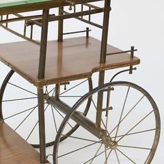 Vintage “Bicycle” Wheel Brass, Oak and Glass Rolling Tea Cart, circa 1950-60